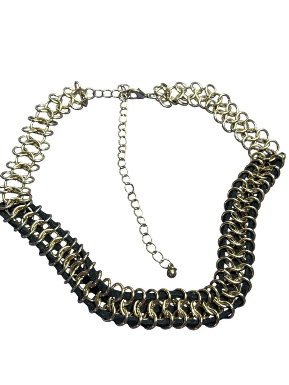 Goldtone Circle Link Chain Collar Necklace Black Cord 14 - 19 inches Long